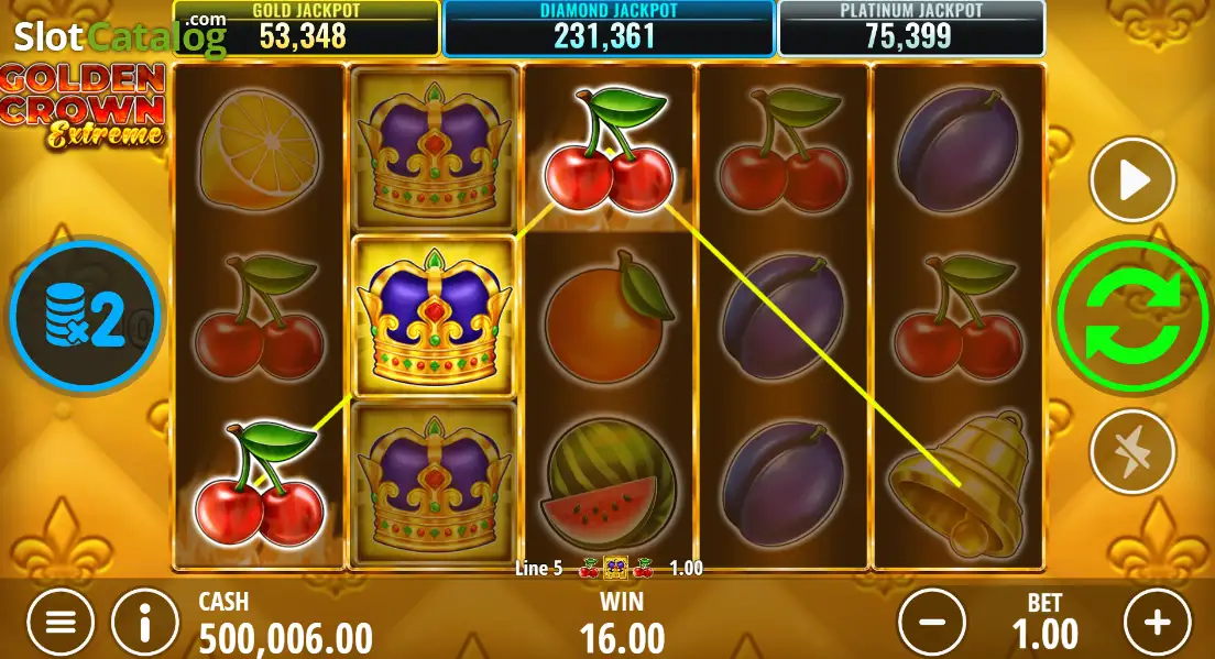 Modo demo de Golden Crown Extreme con créditos virtuales y una línea de pago activa